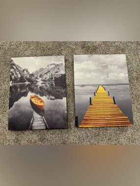 2 Panel Yellow Pier & Boat Canvas Wall Art Set 16”